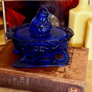 Vintage Mosser Glass Colonial Blue Santa Sleigh – Two-Piece Dish, USA Made